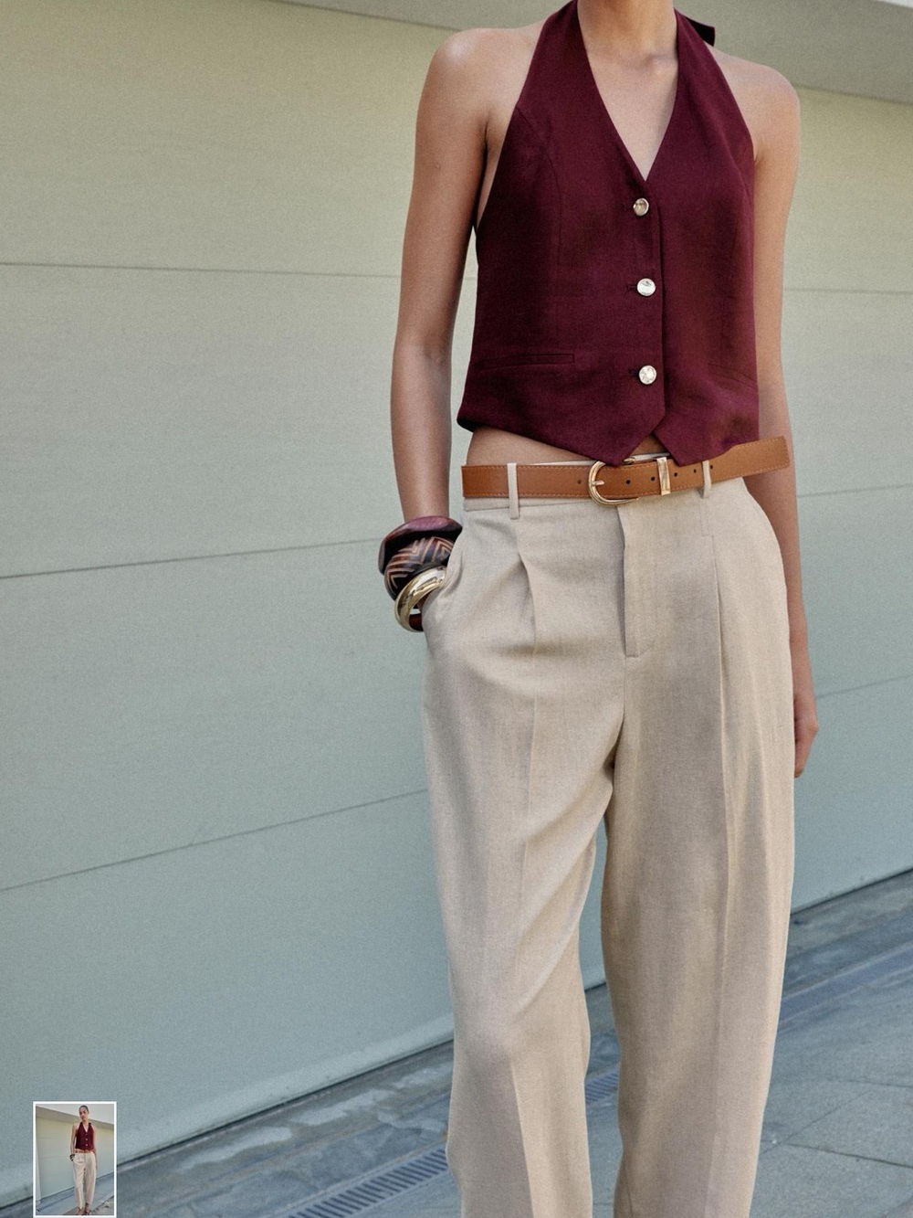 Zara Maroon Halter Vest Top with Beige Cropped Trousers